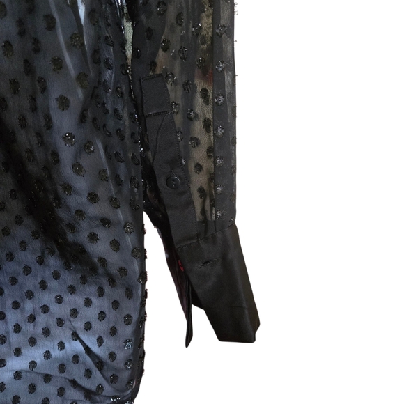 Sheer Black Polka Dot Button Up Shirt Long Sleeve Collar - Picture 7 of 9